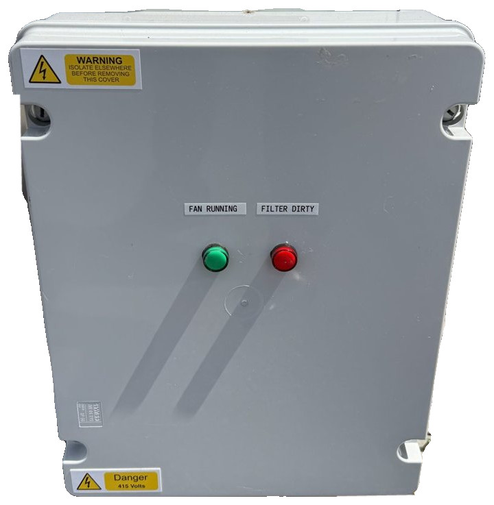 Railvent control panel with fan running and filter dirty indicator lights