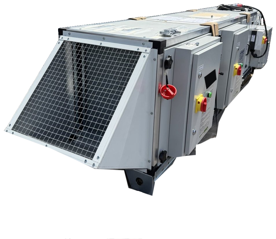 Angled mesh-guarded hood on the Railvent unit